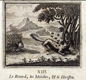 Fox, Sinekler ve Herisson. Jean de La Fontaine
