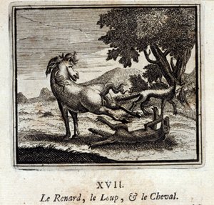 The Fox, the Wolf and the Horse. Fables by Jean de La Fontaine (1621-95). Illustration by François Chauveau (1613-1676). Edition of 1728.
