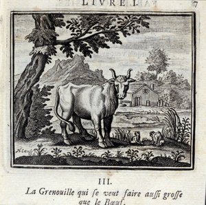 The Frog who wants to get as big as the Beef. Fables by Jean de La Fontaine (1621-95). Illustration by François Chauveau (1613-1676). Edition of 1728. by Francois Chauveau