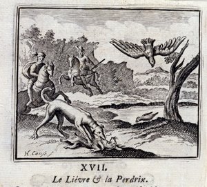 The Lievre and the Pardrix.Fables by Jean de La Fontaine (1621-95). Illustration by François Chauveau (1613-1676). Edition of 1728.