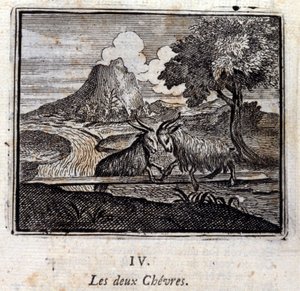 The two goats. Fables by Jean de La Fontaine (1621-95). Illustration by François Chauveau (1613-1676). Edition of 1728.