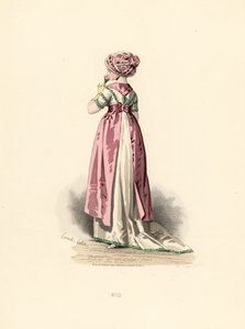 Beyaz elbiseli ve yeşil süslemeli, pembe önlüklü bir kadın. by Francois Claudius (after) Compte Calix