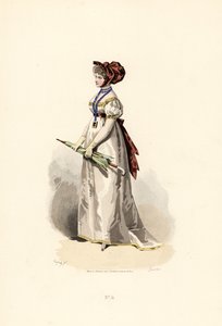 Saman rengi süslemeli ve garnet kemerli beyaz elbiseli kadın. by Francois Claudius (after) Compte Calix