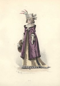 Kürk astarlı kapüşonlu paltolu kadın, Marie Antoinette dönemi.
