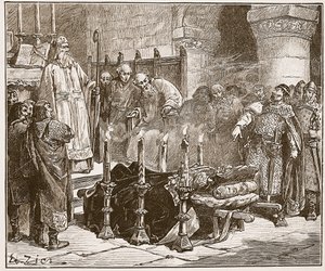 Fitz-Arthur, William'ın gömülmesini yasaklıyor, 'Cassell's Illustrated History of England'dan bir çizim (sepya fotoğrafı) by Francois Edouard Zier