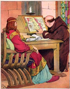 “” Frank Kralı Charlemagne (742-814) Alcuin (731-804) ile konuşuyor, Yorklu İngiliz keşiş, okul reformunun öncüsü, Aachen 782” (Frank Kralı Büyük Charles