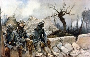 Dampierre kilisesinin kalıntılarının önünde oturan 3 Fransız askeri. Savaş 1914 - 1918. Francois Flameng