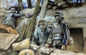Birinci Dünya Savaşı: “” Siper zırhlı ve gaz maskeli Alman askerleri, Ağustos 1917 “” Francois Flameng (1856-1923) Sun