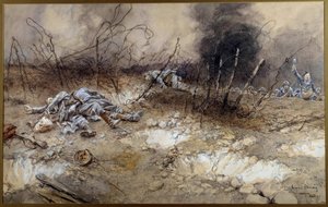 Birinci Dünya Savaşı: 5/04/1917 tarihinde La Craonne Savaşı sahnesi. Sakalların arasında yatan piyade cesetleri. Francois Flameng (1856-1923) Sun
