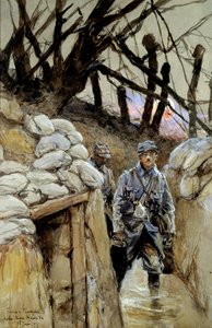 Birinci Dünya Savaşı: “” Notre-Dame-de-Lorette siperinde bir çorba corvee askeri 28/06/1915”” Francois Flameng (1856-1923) tarafından suluboya resim Haziran 1915 Güneş. 0,3x0,48 m Paris, Musee de l