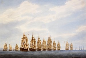 Dokuz gemi, üç fırkateyn ve üç korvetten oluşan filonun ayrılışı, suluboya Francois Roux (1811-1882), Fransa
