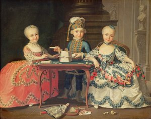 Masanın yanında diğer oyunlarla birlikte kağıtlardan bir ev inşa eden bir erkek ve iki kızın grup portresi by Francois Hubert Drouais