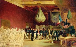 Temsilciler Meclisi, Orleans Dükü I. Louis Philippe'e (1773-1850), kendisini tahta çağıran yasayı ve 1830 Sözleşmesi'ni Kraliyet Sarayı'nda, 7 Ağustos 1830'da sunar. by François Joseph Heim
