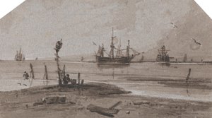 Sakin Denizde Açık Denizde Demirlemiş Gemiler by Francois Louis Thomas Francia