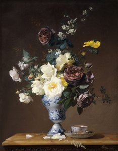 Mavi Beyaz Vazoda Güller ve Diğer Çiçekler ve Çıkıntıda Çay Fincanı, 1876