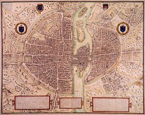 1540-1555 yıllarında Paris şehrinin haritası goblenlerden bahsetti. Francois Roger de Gaignieres (1642-1715) tarafından yapılan gravür. Paris, B.N. by Francois Roger de Gaignieres