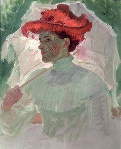 Kırmızı şapkalı ve şemsiyeli kadın by Frank Duveneck
