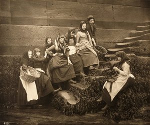Yakalanacak günleri bekleyen kadınlar, Whitby Harbour, Kuzey Yorkshire, 1899 dolayları