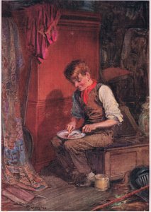 Kit büyük bir dilim ekmek ve eti bir köşeye taşıdı ve büyük bir iştahla yemeye koyuldu , c.1920 (renkli lito)