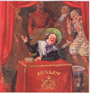 Bayan Jarley ödeme yerinde oturmuş, öğleden akşama kadar gümüş paraları çınlatıyor , c.1920 (renkli lito)