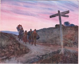 Kısa yol gösterdi; düz kutu ile, özel bagaj (geniş olmayan) bir demet halinde bağlanmış, c.1920 (renkli lito) by Frank Reynolds