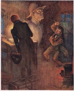 Cüce, daha önce alıntılanan sözleri söylediği gazeteyi yere fırlattı ve paslı bir demir çubuğu ele geçirdi, c.1920 (renkli lito)