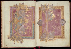 Ms McClean 30, ff.2v-3r: Acanthus yapraklarıyla çerçevelenmiş ilk sayfalar, Reichenau Mektup Yazısı, 10. yüzyılın sonları (parşömen üzerine altın mürekkep ve tempera)