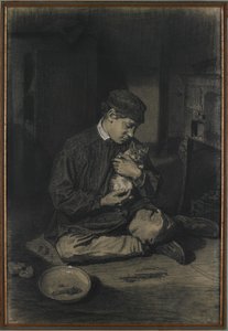 Oturan Çocuk Bir Kedi Tutarak (rekto); Yavru Kediler ve Bir Tabak Süt Çalışması (verso), c. 1874-80 (siyah tebeşir, beyaz tebeşir üzerine beyaz tebeşirle yükseltilmiş) by François Bonvin