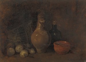 Dört meyve, cam ve çömlek ile natürmort by François Bonvin