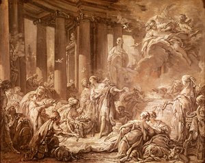 Psyche Receiving the Divine Honors (preparatory study), c.1740 (oil painting on paper mounted on canvas) by François Boucher