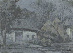 Ay ışığında bir çiftlik evinde samanlıklar by François Cachoud