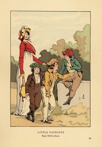 Kaporta ve spencer ceketli Roma cübbesinde Merveilleuse ile ceket ve pantolon giyen erkekler. Küçük Vatanseverler, Yıl VIII by François Courboin