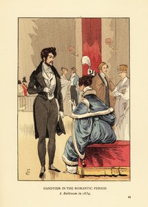 Romantik Dönemde Dandyizm, 1834'te bir balo salonu. Fop, kuyruklu, dar pantolonlu ve silindir şapkalı bir kaban. Saçında tüy olan kürklü elbiseli kadın. Octave Uzanne's Fashion'dan Francois Courboin'in bir illüstrasyonundan sonra RV tarafın