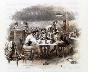 Parisli bir kafede öğrenciler arasında tartışma. Alfred de Musset