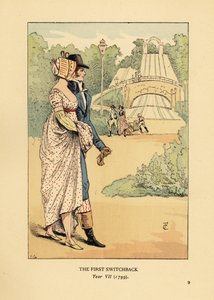 Rus Dağları hız treninde şık bir çift, Les Montagnes Russes a Belleville, 1812'de inşa edildi. (İlk dönüş, Yıl VII