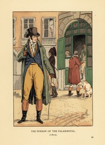 Passage du Perron, Palais Royal girişinin önünde şık bir beyefendi. Şapka, kravat, kaban, yelek pantolon ve çizme giyiyor. Palais Royal, Paris Perron