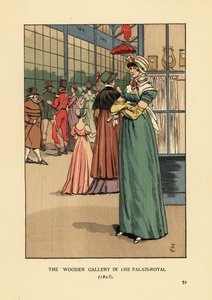Palais Royal, Paris'teki Ahşap Galeri'de alışveriş yapan şık kadın by François Courboin