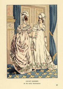 Tüylü başlıklar ve lüks işlemeli elbiseler giymiş kadınlar, 1817 dolaylarında Kral XVIII. Louis