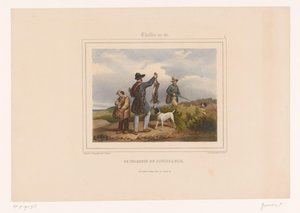 Avcı diğer avcıya av tavşanını gösteriyor Le chasseur en jouissance (nesne üzerindeki başlık) Silahlı Avcılar (dizi adı) Chasses au Tir (nesne üzerinde seri başlığı) by François Grenier