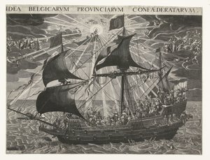 Devlet Gemisi, 1620 Dordrecht sinodundan sonra ülkenin mutlu halinin alegorisi Idea Belgicarum Provinciarum Confaederatarum (nesne üzerindeki başlık) by François Schillemans
