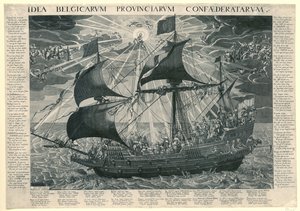 Devlet Gemisi, 1620 Dordrecht sinodundan sonra ülkenin mutlu halinin alegorisi Idea Belgicarum Provinciarum Confaederatarum (nesne üzerindeki başlık) by François Schillemans