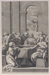 Son Akşam Yemeği, İsa ve havarilerinin oturduğu klasik bir binanın içi..., 1660-81. by François Spierre
