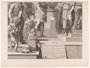 Mars kılıcını bir tapınağın önündeki alevlerin içine sokar (alt kısım) by François de Poilly (I)
