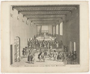 Hollanda Mahkemesi oturumda, yaklaşık 1700 Pleitrolle van den Hove of Holland (nesne üzerindeki başlık)