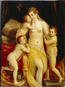 Hayırseverlik Alegorisi. Şefkatli ifadelerle üç çocuk, üzgün suratlı annelerine onu teselli etmek için şefkatle yaklaşır. Frans Floris the Groin (1519-1570), ahşap üzerine yağlı boya tablosu. hollanda sanatı by Frans Floris