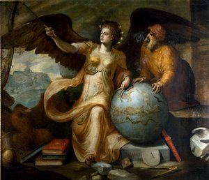 Astroloji. Astrolojinin astrolojik aletler ve gök küresi ile alegori ve kişileştirilmesi. Frans Floris