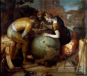 Geometri. Bir kürenin üzerinde bir comppa tutan Geometrinin alegorisi ve kişileştirilmesi. Farklı geometrik araçlar ön planda düzenlenmiştir. Frans Floris