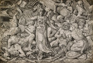 Mahkumlar ve Kupalarla çevrili Victoria, 1552. by Frans Floris