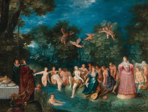 Diana ve perileri banyo yaparken, arka planda geyik avı, yaklaşık 1606.
