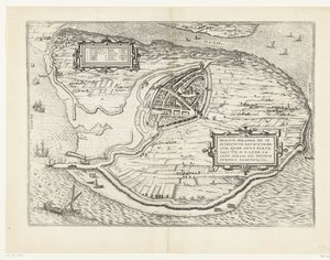 Kaart van het eiland Voorne en plattegrond van Brielle, 1572 Brilium, Hollandiae op. Kurtuluş yılında M.D.72